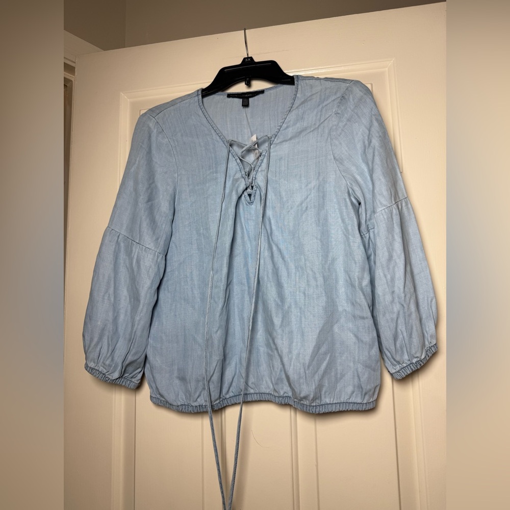 White House Black Market Light Blue Tie-Front Peasant Blouse